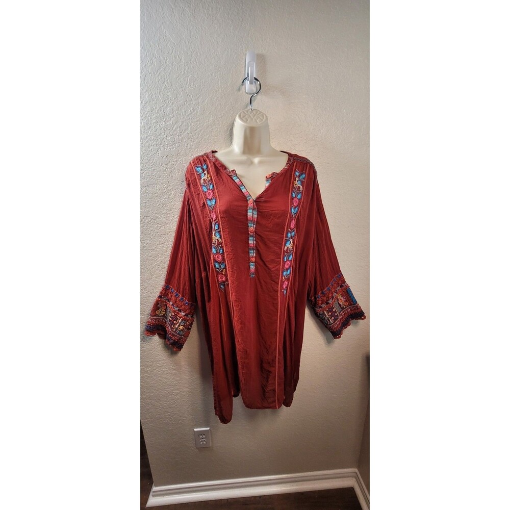JOHNNY WAS 3x RED Tunic Embroidered Cupra - long sleeve Shirt Blouse Top HOLIDAY
